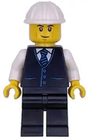 Minifigurka: CTY1788:  Construction Engineer / Architect - Male, Black Vest with Blue Striped Tie, Black Legs, White Construction Helmet, Lopsided Grin