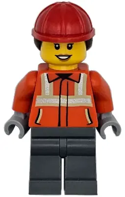 CTY1789:  Construction Worker - Female, Reddish Orange Safety Jacket with Reflective Stripes, Dark Bluish Gray Legs, Red Construction Helmet with Dark Brown Ponytail Hair, Hearing Aid