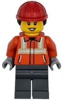 Minifigurka: CTY1789:  Construction Worker - Female, Reddish Orange Safety Jacket with Reflective Stripes, Dark Bluish Gray Legs, Red Construction Helmet with Dark Brown Ponytail Hair, Hearing Aid