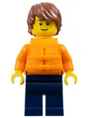 Minifigurka: CTY1791:  Man (Jason 'Just Jason' Brickle) - Reddish Brown Hair, Orange Jacket and Life Jacket, Dark Blue Legs