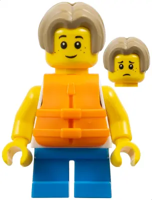 CTY1792:  Child - Boy, White Tank Top with Dark Azure Sailboat, Dark Azure Short Legs, Dark Tan Bowl Cut Hair, Orange Life Jacket