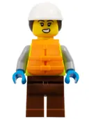 Minifigurka: CTY1795:  Dock Worker - Female, Neon Yellow Safety Vest with Reflective Stripes, Reddish Brown Legs, White Construction Helmet with Dark Brown Ponytail Hair, Orange Life Jacket