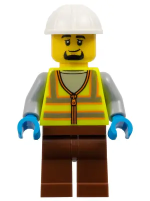 CTY1796:  Dock Worker - Male, Neon Yellow Safety Vest with Reflective Stripes, Reddish Brown Legs, White Construction Helmet, Goatee
