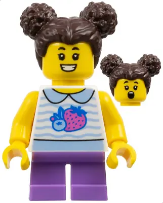 CTY1797:  Child - Girl, White Collared Shirt with Fruit, Medium Lavender Short Legs, Dark Brown Hair with Buns