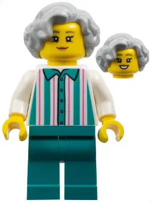 CTY1798:  Harbor Shop Worker - Female, Light Bluish Gray Hair, White Shirt with Stripes, Dark Turquoise Legs