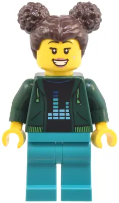 CTY1801:  Robot World Patron - Female, Dark Green Hoodie, Dark Turquoise Legs, Dark Brown Hair with Buns