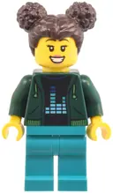 Minifigurka: CTY1801:  Robot World Patron - Female, Dark Green Hoodie, Dark Turquoise Legs, Dark Brown Hair with Buns