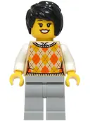 Minifigurka: CTY1808:  Hot Dog Stand Customer - Female, Tan Knit Argyle Sweater Vest, Light Bluish Gray Legs, Black Hair