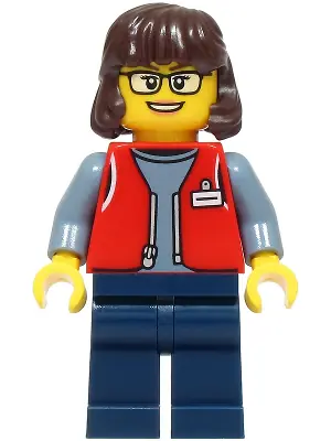 CTY1809:  Forklift Driver - Female, Red Vest over Sand Blue Shirt, Dark Blue Legs, Dark Brown Hair
