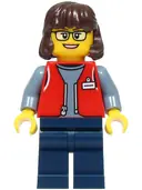 Minifigurka: CTY1809:  Forklift Driver - Female, Red Vest over Sand Blue Shirt, Dark Blue Legs, Dark Brown Hair