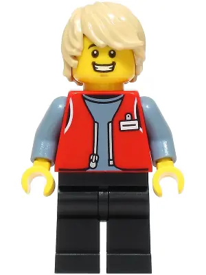 CTY1810:  Forklift Driver - Male, Red Vest over Sand Blue Shirt, Black Legs, Tan Hair