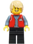 Minifigurka: CTY1810:  Forklift Driver - Male, Red Vest over Sand Blue Shirt, Black Legs, Tan Hair