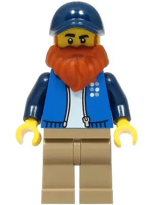 CTY1811:  LEGO Truck Driver - Male, Blue Jacket over White Shirt, Dark Tan Legs, Dark Blue Cap, Dark Orange Beard