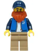 Minifigurka: CTY1811:  LEGO Truck Driver - Male, Blue Jacket over White Shirt, Dark Tan Legs, Dark Blue Cap, Dark Orange Beard