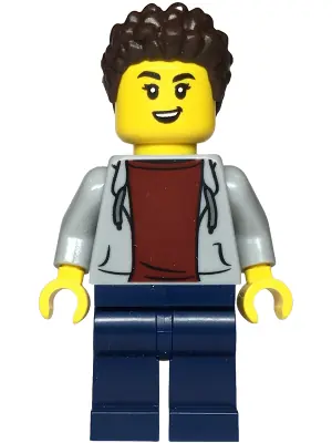 CTY1813:  Sports Car Driver - Female, Light Bluish Gray Hoodie with Dark Red Shirt, Dark Blue Legs, Dark Brown Hair