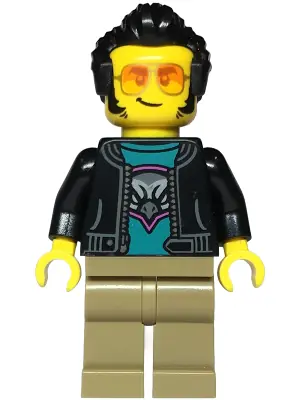 CTY1814:  Sports Car Driver - Male, Black Jacket over Dark Turquoise Shirt with Hawk Head Logo, Dark Tan Legs, Black Hair, Sunglasses