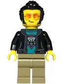 Minifigurka: CTY1814:  Sports Car Driver - Male, Black Jacket over Dark Turquoise Shirt with Hawk Head Logo, Dark Tan Legs, Black Hair, Sunglasses