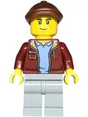 Minifigurka: CTY1815:  Car Transporter Driver - Male, Dark Red Jacket, Light Bluish Gray Legs, Reddish Brown Flat Cap