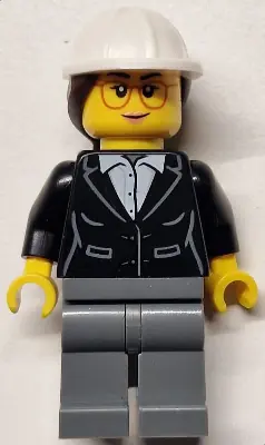 CTY1816:  Construction Engineer / Architect - Female, Black Suit Jacket with White Button Up Shirt, Dark Bluish Gray Legs, White Construction Helmet with Dark Brown Ponytail Hair, Glasses
