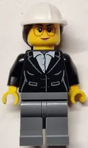 Minifigurka: CTY1816:  Construction Engineer / Architect - Female, Black Suit Jacket with White Button Up Shirt, Dark Bluish Gray Legs, White Construction Helmet with Dark Brown Ponytail Hair, Glasses