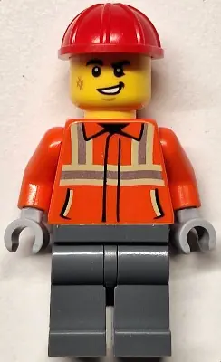 CTY1817:  Construction Worker - Male, Reddish Orange Safety Jacket with Reflective Stripes, Dark Bluish Gray Legs, Red Construction Helmet, Lopsided Smile