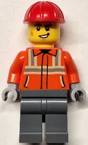 Minifigurka: CTY1817:  Construction Worker - Male, Reddish Orange Safety Jacket with Reflective Stripes, Dark Bluish Gray Legs, Red Construction Helmet, Lopsided Smile