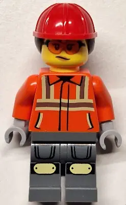 CTY1818:  Construction Worker - Female, Reddish Orange Safety Jacket with Reflective Stripes, Dark Bluish Gray Legs with Knee Pads, Red Construction Helmet with Dark Brown Ponytail Hair, Safety Glasses