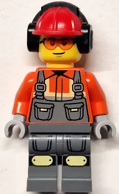CTY1819:  Construction Worker - Male, Dark Bluish Gray Overalls over Reddish Orange Safety Jacket with Reflective Stripes, Dark Bluish Gray Legs with Knee Pads, Red Construction Helmet with Black Ear Protectors
