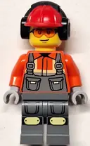 Minifigurka: CTY1819:  Construction Worker - Male, Dark Bluish Gray Overalls over Reddish Orange Safety Jacket with Reflective Stripes, Dark Bluish Gray Legs with Knee Pads, Red Construction Helmet with Black Ear Protectors