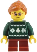 Minifigurka: CTY1821:  Child - Girl, Dark Green Holiday Sweater, Dark Red Short Legs, Dark Orange Hair