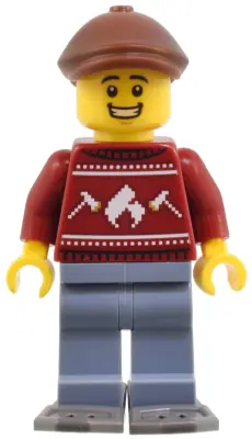 CTY1822:  Man - Dark Red Holiday Sweater, Sand Blue Legs, Reddish Brown Flat Cap, Dark Bluish Gray Snowshoes
