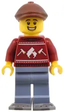 Minifigurka: CTY1822:  Man - Dark Red Holiday Sweater, Sand Blue Legs, Reddish Brown Flat Cap, Dark Bluish Gray Snowshoes