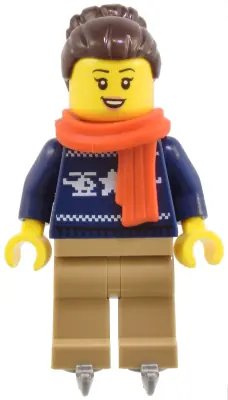 CTY1824:  Woman - Dark Blue Holiday Sweater, Dark Tan Legs, Dark Brown Hair with Bun, Red Scarf, Ice Skates