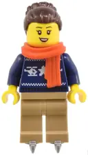Minifigurka: CTY1824:  Woman - Dark Blue Holiday Sweater, Dark Tan Legs, Dark Brown Hair with Bun, Red Scarf, Ice Skates