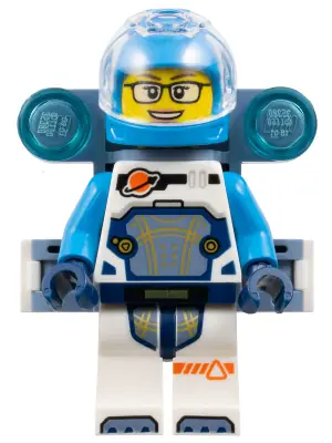 CTY1828:  Space Explorer - Female, White Spacesuit with Dark Azure Arms and Helmet, Trans-Clear Visor, Sand Blue Utility Backpack, Glasses
