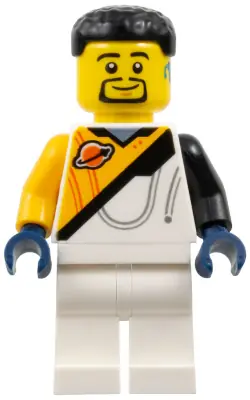 CTY1829:  Space Explorer - Male, Bright Light Orange and White Spacesuit, Black Short Hair and Goatee, Hearing Aid