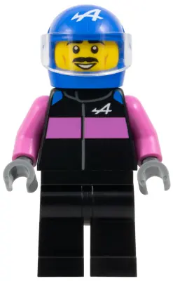 CTY1832:  Formula 1 Driver, Alpine - Male, Black and Dark Pink Racing Suit, Blue Helmet, Trans-Clear Visor, Moustache