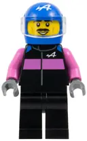 Minifigurka: CTY1832:  Formula 1 Driver, Alpine - Male, Black and Dark Pink Racing Suit, Blue Helmet, Trans-Clear Visor, Moustache