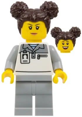 CTY1833:  Formula 1 Mechanic - Female, Light Bluish Gray and White Polo Shirt, Light Bluish Gray Legs, Dark Brown Hair with Buns, Freckles