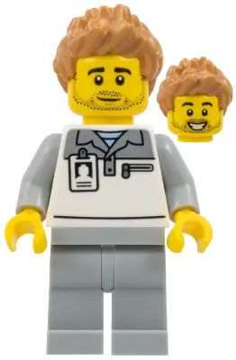 CTY1836:  Formula 1 Mechanic - Male, Light Bluish Gray and White Polo Shirt, Light Bluish Gray Legs, Medium Nougat Spiked Hair, Stubble