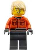 Minifigurka: CTY1840:  Formula 1 Race Crew Member - Male, Reddish Orange Racing Suit with Pockets, Dark Bluish Gray Legs, Tan Tousled Hair, Scuff Mark