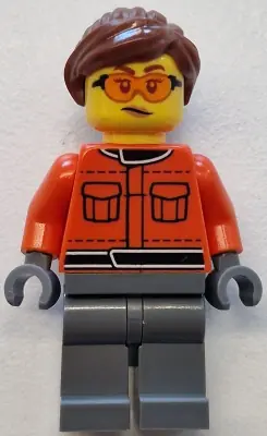 CTY1841:  Formula 1 Race Crew Member - Female, Reddish Orange Racing Suit with Pockets, Dark Bluish Gray Legs, Reddish Brown Hair, Safety Glasses