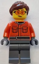 Minifigurka: CTY1841:  Formula 1 Race Crew Member - Female, Reddish Orange Racing Suit with Pockets, Dark Bluish Gray Legs, Reddish Brown Hair, Safety Glasses