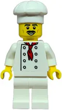 Minifigurka: CTY1842:  Pizza Slice Soapbox Race Car Driver (Chef) - Male, White Torso with 8 Buttons, No Wrinkles Front or Back, White Legs, White Chef Toque, Moustache