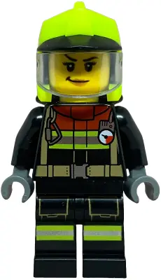 CTY1843:  Fire Truck Soapbox Race Car Driver (Firefighter) - Female, Black Jacket and Legs with Reflective Stripes and Red Collar, Neon Yellow Fire Helmet, Trans-Clear Visor