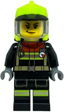 Minifigurka: CTY1843:  Fire Truck Soapbox Race Car Driver (Firefighter) - Female, Black Jacket and Legs with Reflective Stripes and Red Collar, Neon Yellow Fire Helmet, Trans-Clear Visor