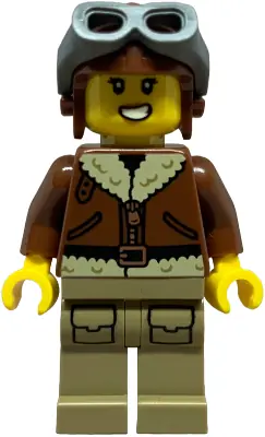 CTY1844:  Airplane Soapbox Race Car Driver (Pilot) - Female, Reddish Brown Aviator Jacket, Dark Tan Legs with Pockets, Aviator Cap, Dark Bluish Gray Goggles