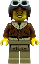 Minifigurka: CTY1844:  Airplane Soapbox Race Car Driver (Pilot) - Female, Reddish Brown Aviator Jacket, Dark Tan Legs with Pockets, Aviator Cap, Dark Bluish Gray Goggles