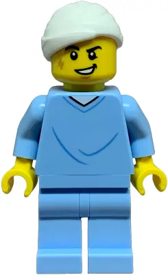 CTY1845:  Hospital Bed Soapbox Race Car Driver (Patient) - Male, Bright Light Blue Hospital Gown and Legs, White Head Bandage, Scuff Mark