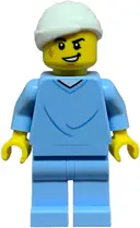 Minifigurka: CTY1845:  Hospital Bed Soapbox Race Car Driver (Patient) - Male, Bright Light Blue Hospital Gown and Legs, White Head Bandage, Scuff Mark